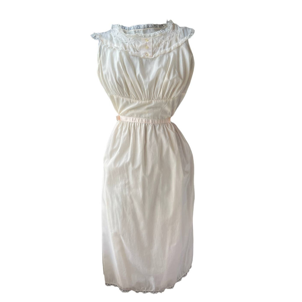 vintage nightgown sheer cream cotton with ribbon belt and embroidery